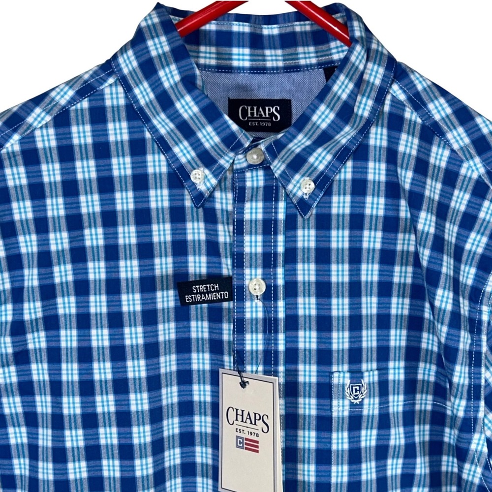Chaps Mens Stretch Easy Care Plaid Button Down Shirt Classic‎ Blue Small New